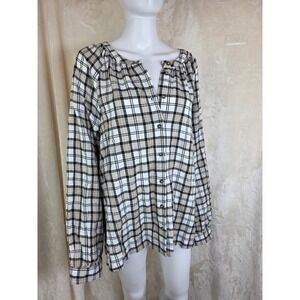 Downeast Halle Blouse XL Gardenia Combo Plaid Cotton Button Front  NEW